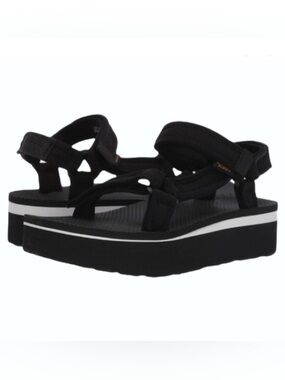 Teva Flatform Universal Black Platform Sandals, White Midsole Black Mesh, Size 7